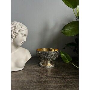 Vintage Silver-colored Metal Footed Bowl with Grape and Vine Motif